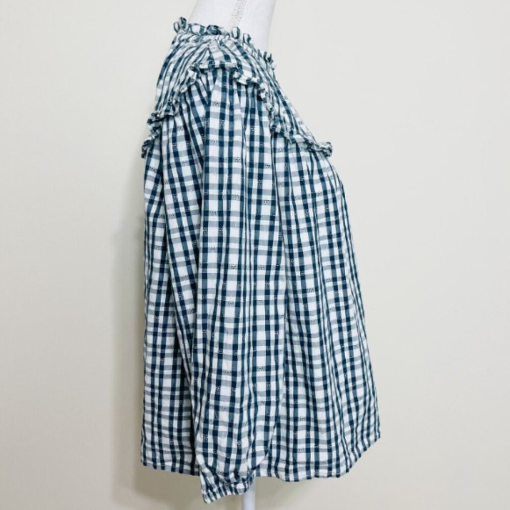 G00331 Universal Threads Blouse Teal White Gingham Ruffle Long Sleeve MEDIUM - Picture 6 of 10